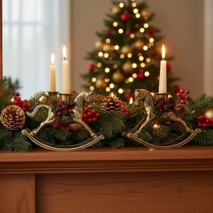 Festive Pair Brass Rocking Horse Candle Holders